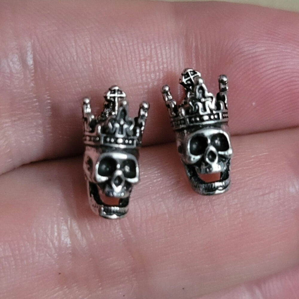 Gothic skull with crown silver tone post stud earrings